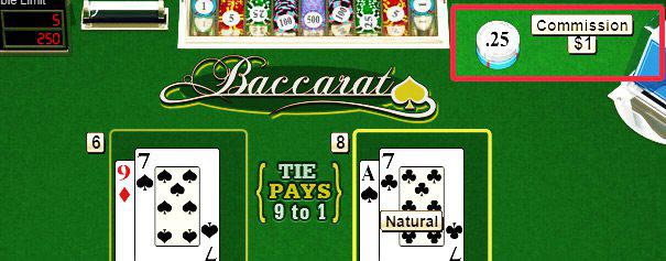 2 pairs of cards on an online baccarat table with house commission